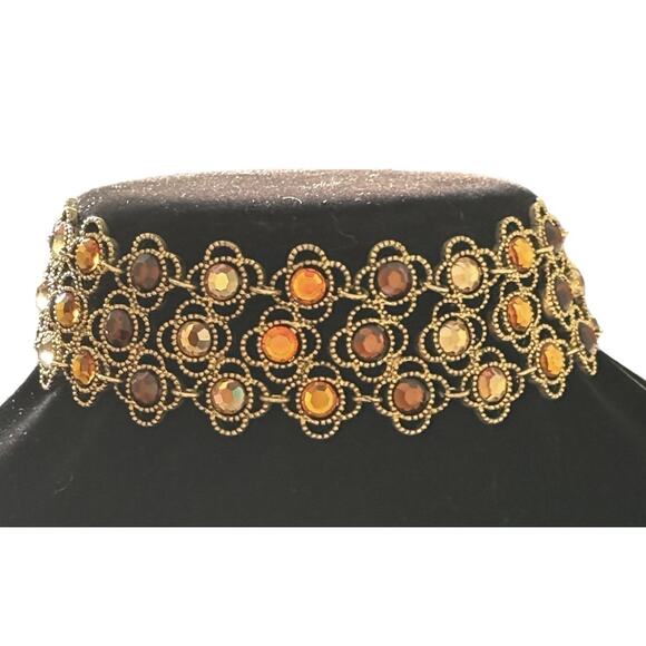 Rhinestone Crystal Link Choker Necklace Party Prom Necklace Women Gold Brown - Picture 8 of 10